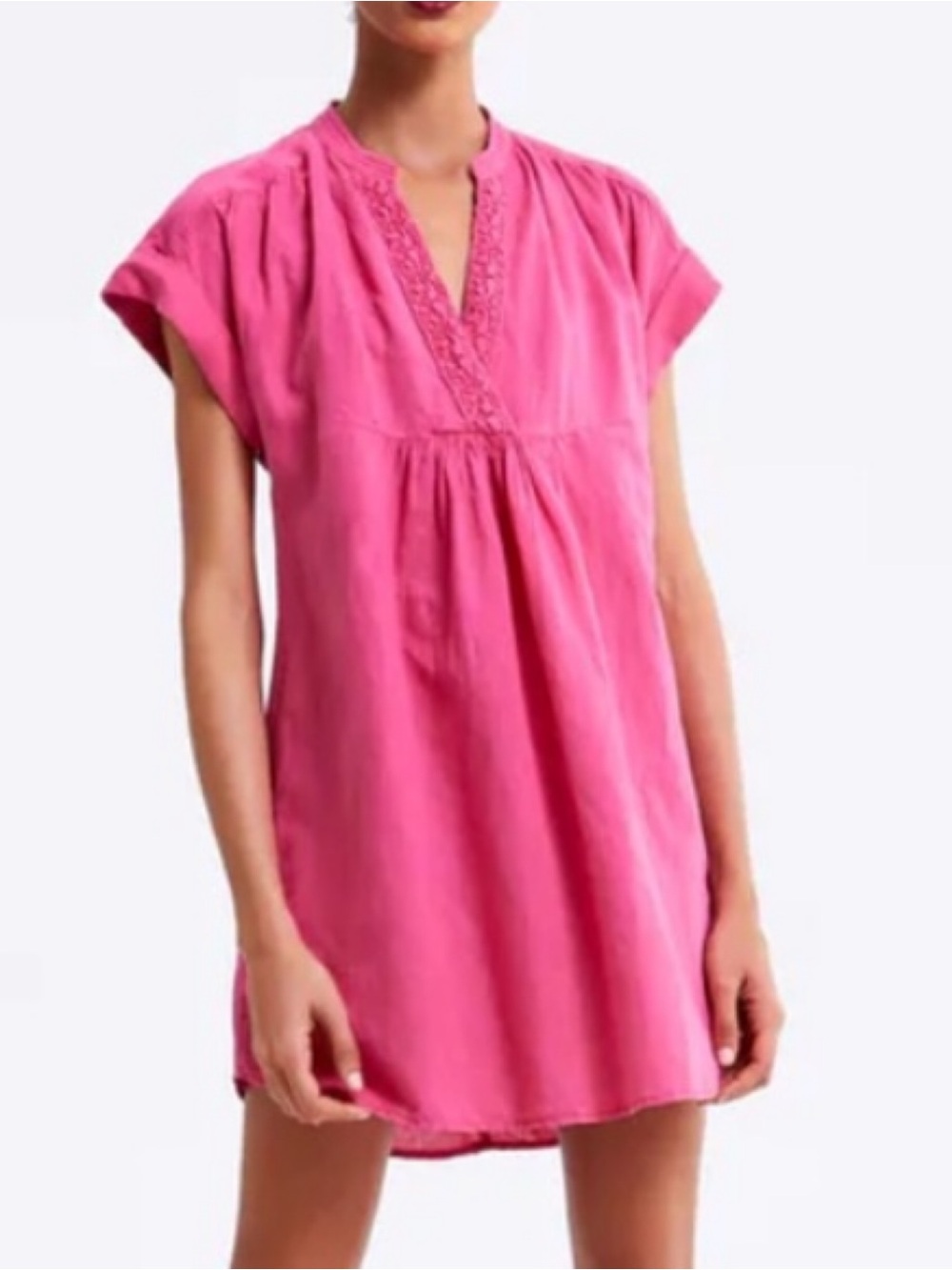 Zara Rustic Mini Dress Size Medium Pink Linen Cotton Crochet Pockets Summer